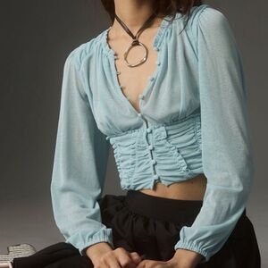 BY ANTHROPOLOGIE Long-Sleeve Femme Ruched Cropped Top Sz M Sky Blue NWOT Corset